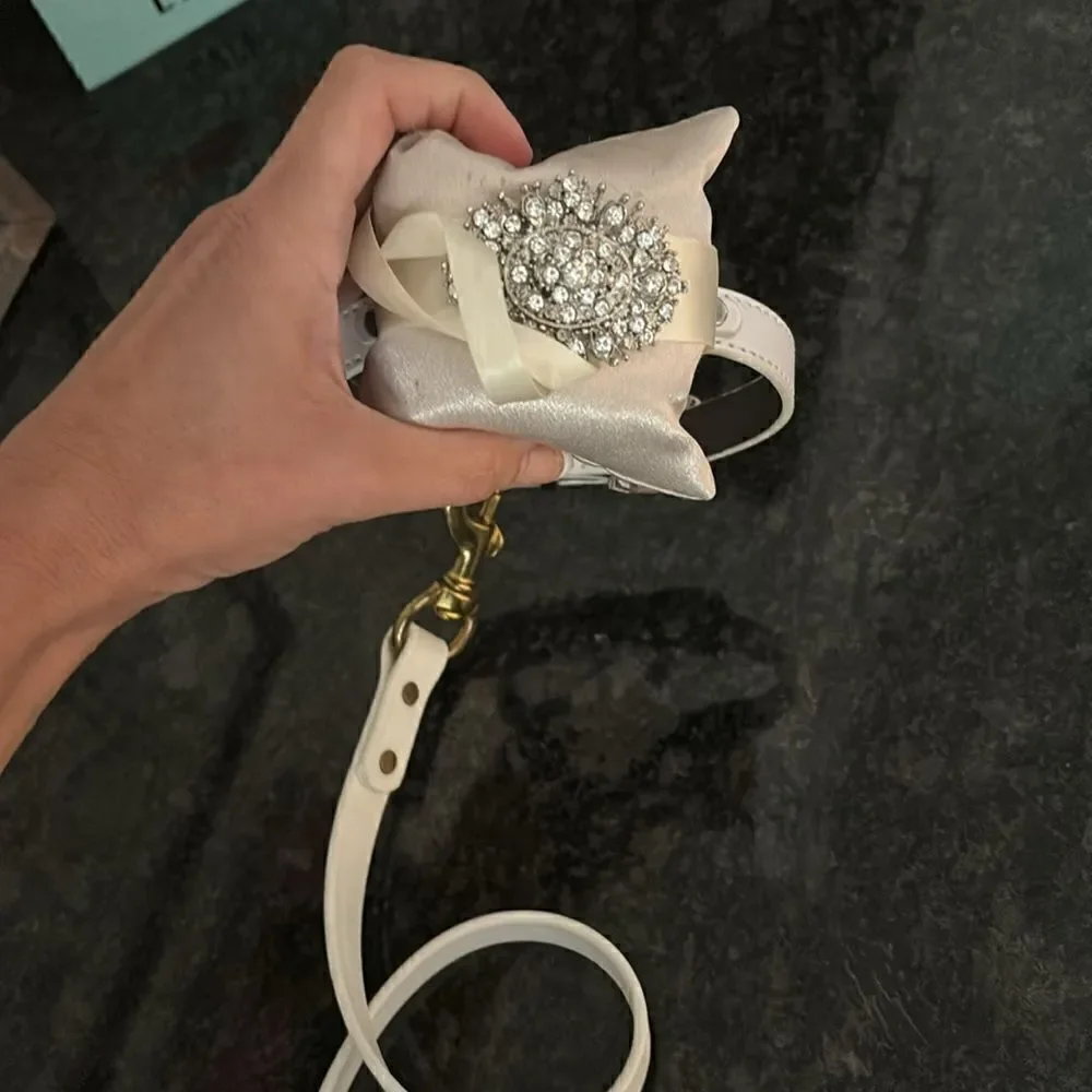 Handmade dog leash for ringbearer for wedding- pillow with rhinestones & ribbon